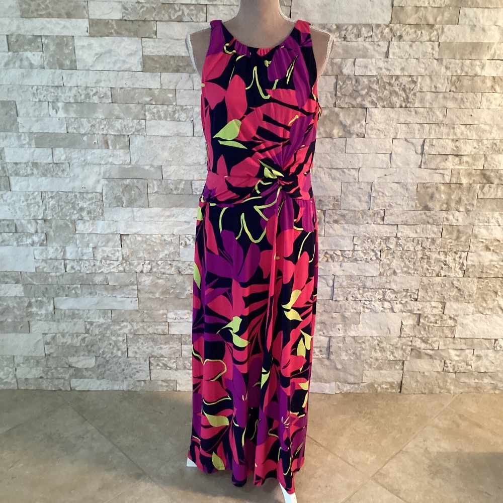 London Times Women's Tropical Floral Print Side Twist Sleeveless Maxi Dress